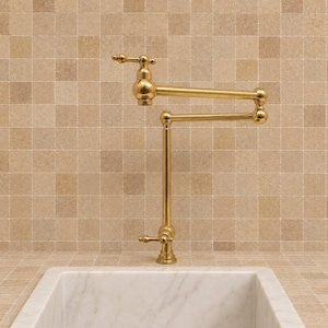 Unlacquered Brass Pot Filler Faucet, Freestanding Double Joint Swing Arm Kitchen Tap