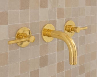 Unlacquered Brass Wall Mount Faucet, Minimalist 3-Hole Basin Mixer Tap