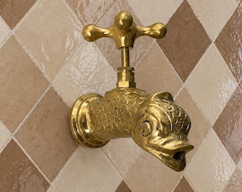 Unlacquered Brass Fish Wall Faucet, Engraved Swivel Spout, Handmade Cold Water Tap