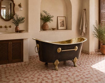 Handmade Brass Clawfoot Bathtub, Moroccan Black Exterior, Vintage Soaking Tub