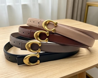 Genuine Leather C Buckle Women Classic Vintage Gold C Waist Belt, Slim Casual Fashion Waistband, Adjustable Leather Belt For Jeans Dress