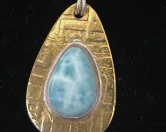 Larimar set on Etched Brass Pendant