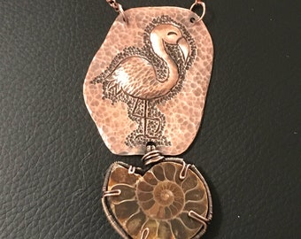 Chasing & Repousse Flamingo with Wirewrapped Hematite Fossilized Nautilus
