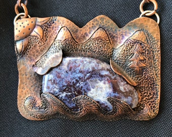 Havasu Purple Jasper Gemstone set in Copper Chasing and Repousse