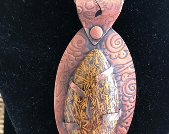 Script Jasper set on Etched Copper with Riveted Bale