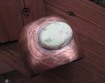 Copper Etched Cuff with Chrysoprase Cabochon set in Sterling Silver