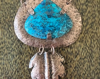 Sonoran Chrysocolla Copper Pendant with Etched Copper Form Folded Leaf