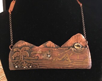 Etched Brass and Copper Lake Scene with Citrine