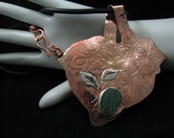 Etched Copper Pendant with Green Adventurine & Sterling Silver Leaves