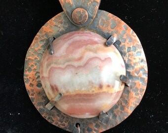Pink Lace Agate on Textured Copper with Fresh Water Pearl