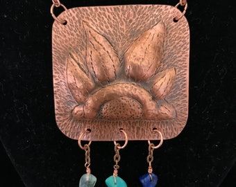 Lotus Flower Copper Chasing & Repousse Pendant with Gemstone beads