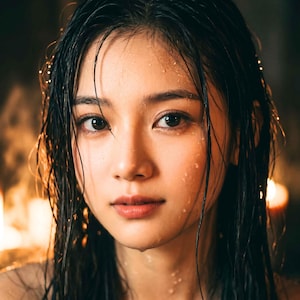 以下が含まれることがあります： 濡れた黒髪と顔に水滴が付いた人物のポートレート。その人は暗い目をしており、表情はニュートラルです。照明は暖かく、肌に柔らかな輝きを与えています。