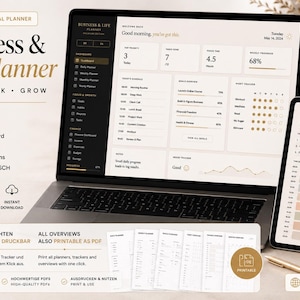 Könnte beinhalten: Ein digitaler Business- und Life-Planer, der auf einem Laptop und Tablet angezeigt wird. Der Laptop-Bildschirm zeigt ein Dashboard mit Tagesplanung, Zielen und Finanzbereichen. Das Tablet zeigt einen Wochenplaner. Der Text "Business & Life Planner" ist sichtbar.