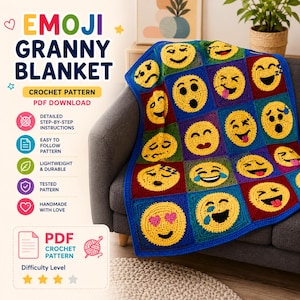 May include: A crochet blanket featuring a grid of yellow emoji faces with various expressions, bordered in blue. Text on the left reads EMOJI GRANNY BLANKET, CROCHET PATTERN, PDF DOWNLOAD, DETAILED STEP-BY-STEP INSTRUCTIONS, EASY TO FOLLOW PATTERN, LIGHTWEIGHT & DURABLE, TESTED PATTERN, HANDMADE WITH LOVE.