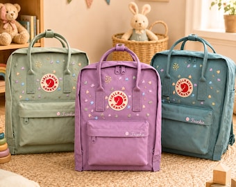 カスタム手刺繍入りフェールラーベン カンケン 花柄バックパック、名入れ子供用スクールバッグ、保育園・託児所ギフト