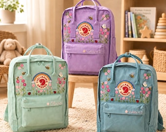 Personalisierter Hand bestickter Fjällräven Kanken Rucksack, personalisierte Blumentasche, Geschenk zum Schulanfang
