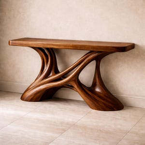 Pode incluir: Uma consola de madeira castanha artesanal com um design orgânico único. A mesa apresenta um tampo retangular suportado por pernas esculpidas e fluidas, criando uma estética escultural e artística. O grão da madeira é visível.