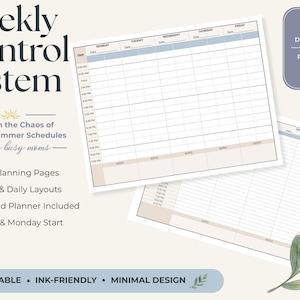Puede incluir: Un planificador semanal imprimible con un diseño minimalista. El planificador incluye páginas de planificación de campamentos, diseños semanales y diarios, y un planificador de fin de semana. El texto dice "Weekly Control System" y "Calm the Chaos of Kids' Summer Schedules - for busy moms -."
