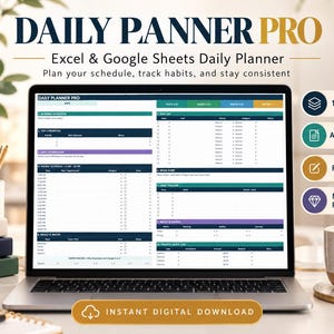 Daily Planner Excel Template, Hourly Productivity Planner, Habit Task Tracker, Google Sheets Planner, A4 US Letter Printable