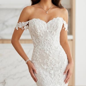 Mermaid Lace Wedding Dress, Off Shoulder Sweetheart Bridal Gown, 3D Floral Applique, Cathedral Train