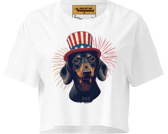 4.Juli Dackel Crop Top | Vaterländisches Frauen-Shirt | Wiener Hund Feuerwerk Tee | Hunde Mama Geschenk | Unabhängigkeitstag Top