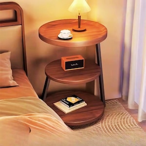 Mesa lateral redonda com prateleiras de arrumação – Mesa de cabeceira de madeira para quarto ou sala de estar, móvel de destaque para espaços pequenos