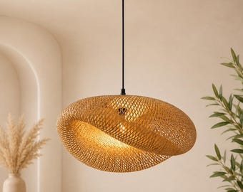 Lampada a sospensione in bambù e rattan fatta a mano, 40-80 cm, lampada da soffitto in bambù intrecciato a mano, stile boho, ideale per sala da pranzo e camera da letto, con luce calda e avvolgente.
