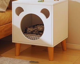 Cat House Nightstand Wooden Pet Bed Side Table – Modern Cat Furniture Hidden Litter Box Cabinet Pet Friendly Storage