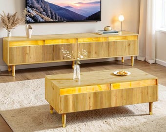 Modern Wooden TV LED Stand and Coffee Table Set Minimalist Living Room Furniture Bundle with Storage - Colour Changing LED Furniture