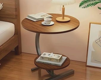 Round Side Table with Two Shelf Modern Wooden End Table for Living Room Small Space Furniture