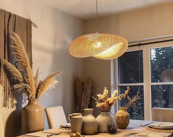 Handmade Bamboo Rattan Pendant Light Handwoven Bamboo Ceiling Lamp Boho Hanging Light for Dining Room Bedroom Warm Ambient Lighting