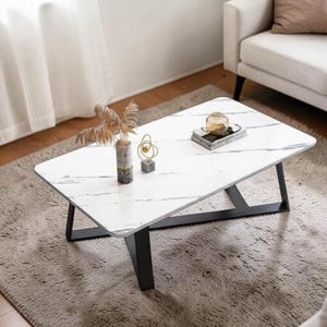 Marble Wooden Coffee Table Modern Low Table for Living Room – Minimalist Rectangular Sofa Table for Small Apartments