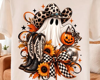 Halloween Ghost PNG, Leopard Witch Hat Design, Cute Spooky Ghost Sublimation, Pumpkin and Sunflower Fall PNG, Checkered Boots