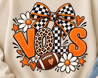 Vols Football PNG, Tennessee Vols Bow Design, Orange Checkered Football Graphic, Leopard Vols Shirt Design, College Game Day PNG