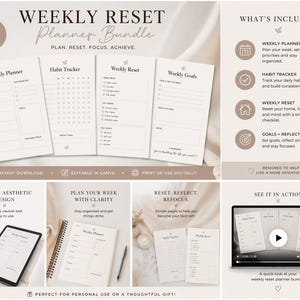 May include: A Weekly Reset Planner Bundle with four pages, including a weekly planner, habit tracker, and weekly reset checklist. The design is clean and aesthetic, perfect for personal use. The bundle helps you plan, reset, focus, and achieve your goals.