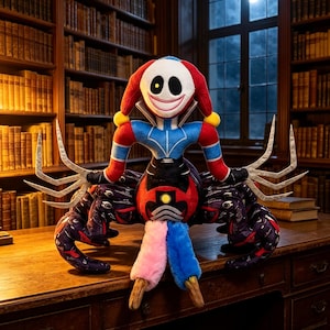 May include: A plush toy featuring a white, round face with a wide grin and one yellow eye, wearing a red and blue jester-style collar. The body has multiple dark purple, spider-like legs with eye patterns and two dangling legs in pink and blue.