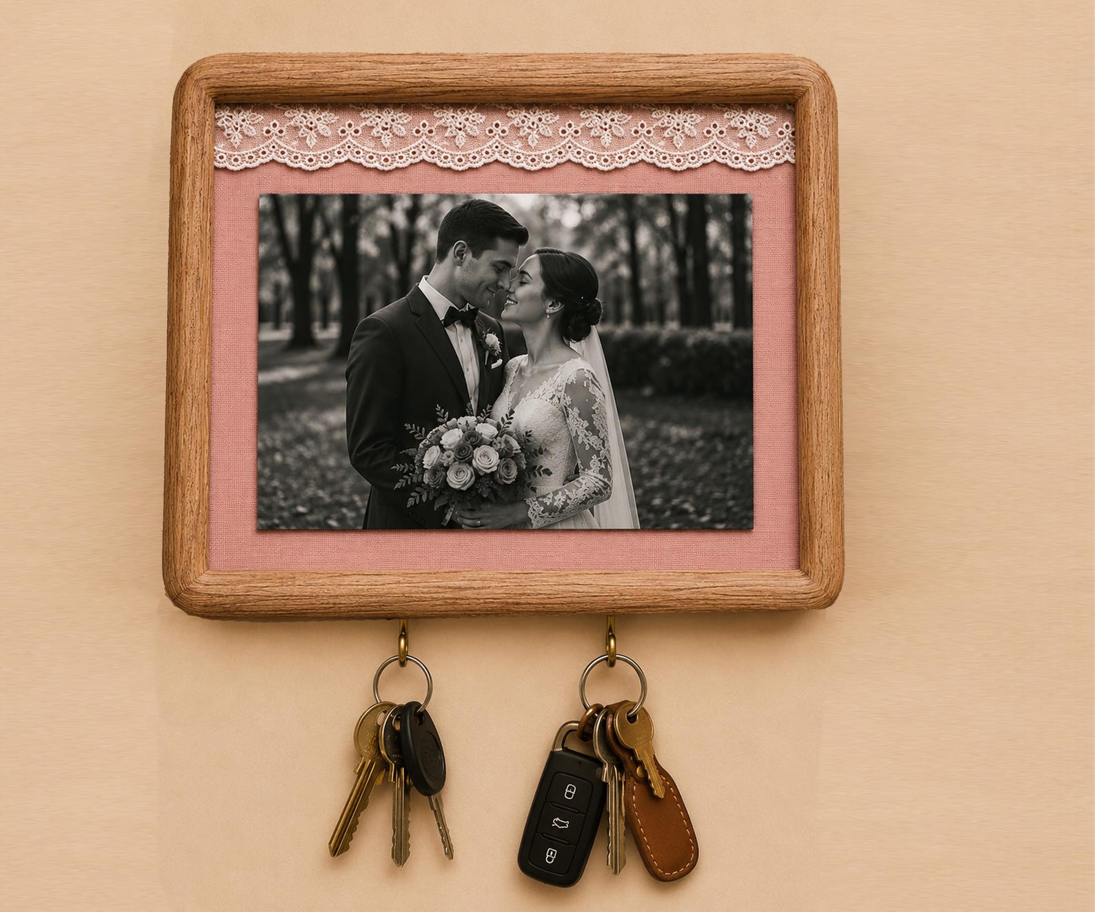 Personalized Wedding Key Holder Frame | Custom Fabric Photo Frame | Bridal Party Gift | Bridesmaid Gift | New Home Gift for Couple - White / Pink