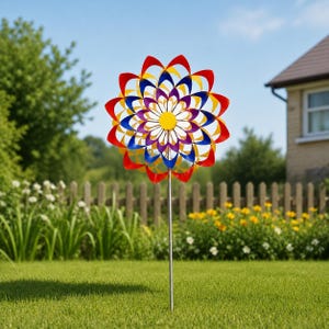 以下が含まれることがあります： 赤、黄、青、紫の花びらを持つ、カラフルな金属製の花のガーデンスピナー。 スピナーは銀色のポールに取り付けられており、木製のフェンスと背景に家がある芝生の庭に設置されています。