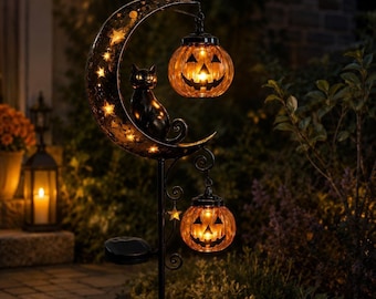 Halloween Solar Garden Stake Light, Black Cat Crescent Moon Pumpkin Lantern, Metal Outdoor Yard Decor, Pathway Lawn Accent