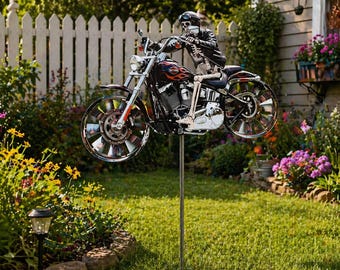 Aileron à vent pour moto Skull Knight : décoration métallique pour jardin d'extérieur, moto chopper chromée, piquet de jardin en métal