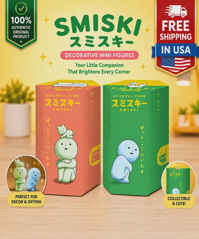 May include: Two hexagonal cardboard boxes for Smiski decorative mini figures. The left box is orange with a green character illustration, and the right box is green with a blue character illustration. Both feature Japanese text and English branding.