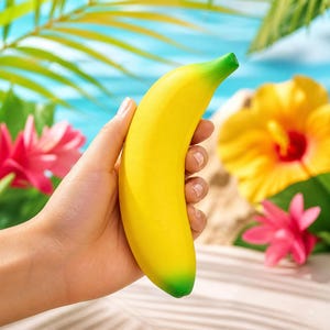 May include: A bright yellow banana with green tips is held in a hand. The banana is curved and smooth, with a realistic appearance. The background features tropical flowers and foliage, suggesting a sunny, outdoor setting.