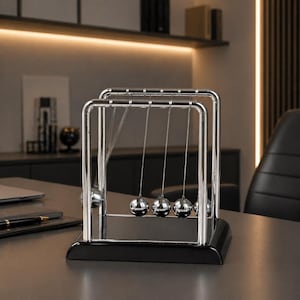 May include: A Newton's cradle desk toy with five polished steel balls suspended from a chrome frame. The base is black, and the balls are connected by thin wires. The background shows a desk and office setting.