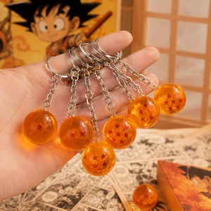 Könnte beinhalten: Eine Sammlung orangefarbener Schlüsselanhänger, jeder mit einem durchsichtigen, kugelförmigen Anhänger mit roten Sternmustern. Die Schlüsselanhänger sind an silbernen Metallringen und Ketten befestigt. Der Hintergrund zeigt eine Cartoon-Illustration.