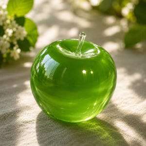 May include: A smooth, translucent green glass apple sculpture with a clear glass stem. The object features a rounded, polished surface that reflects light, creating bright highlights across its vibrant, lime-green coloured body.