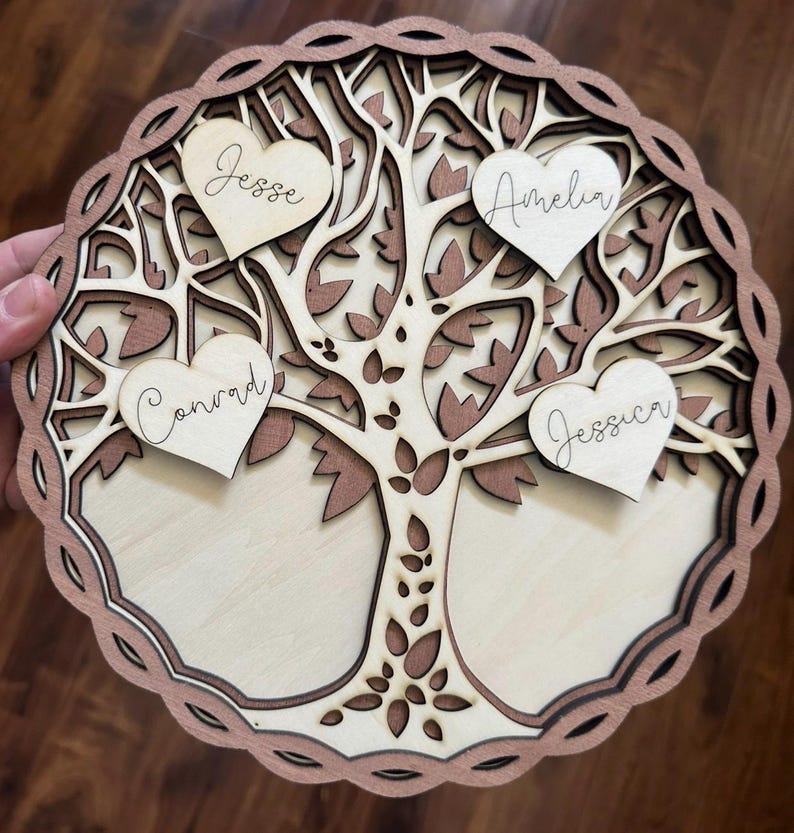 Personalized Wooden Family Tree Wall Art, Custom Engraved Hearts, Laser ...