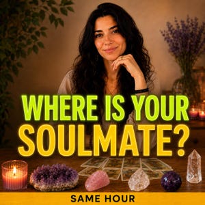 May include: A collection of crystals including a purple amethyst cluster, a pink rose quartz, a clear quartz point, and a dark purple sphere arranged with tarot cards, a lit candle, and the text WHERE IS YOUR SOULMATE? SAME HOUR.