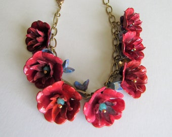 Dark Pink Red Metal Flowers Necklace and Bracelet, Interchangeable, Large Flower Bracelet, Pink Flower Necklace