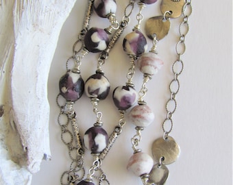Long Antique Silver Necklace with Handmade African Purple Glass Beads and Handmade Terra Cotta Beads