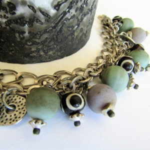 Green and Grey Glass Bracelet, Double Strand Silver Chain Bracelet, Light Green and Grey Lampwork Glass Beads